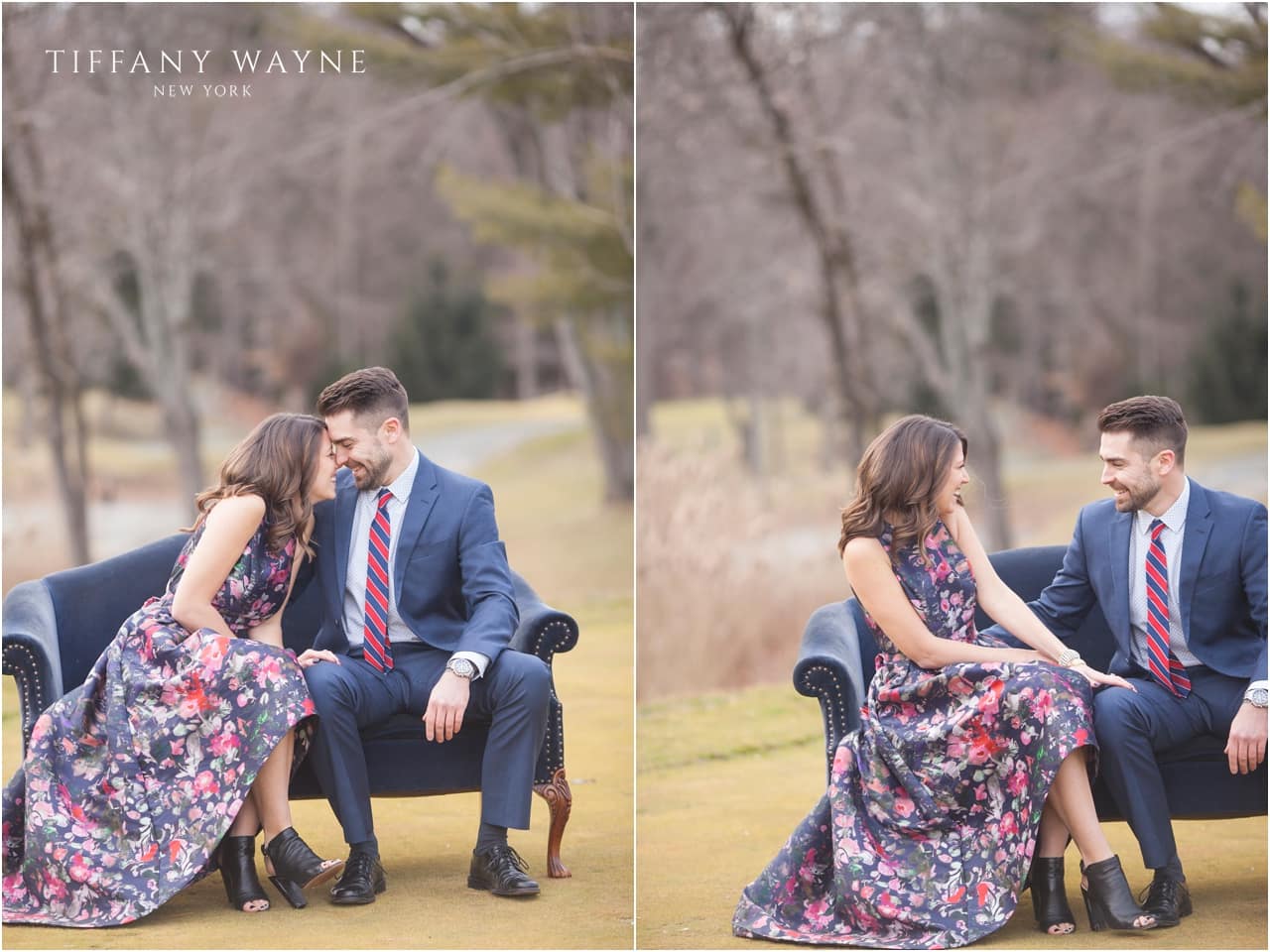 NY engagement session featuring vintage sofa