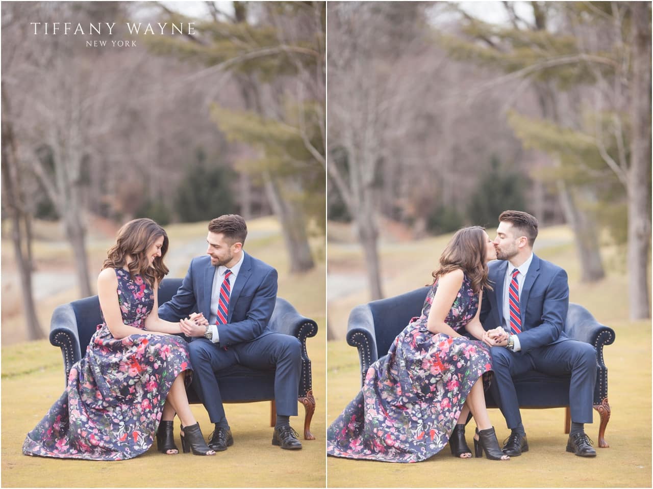couple laughs during engagement session featuring vintage sofa