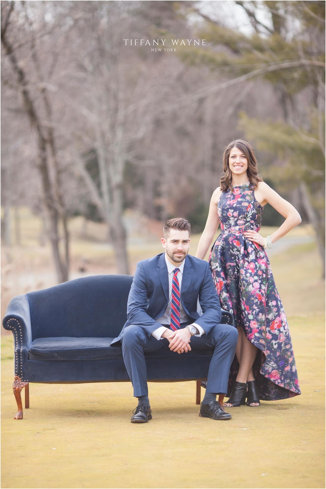 engagement session featuring vintage sofa