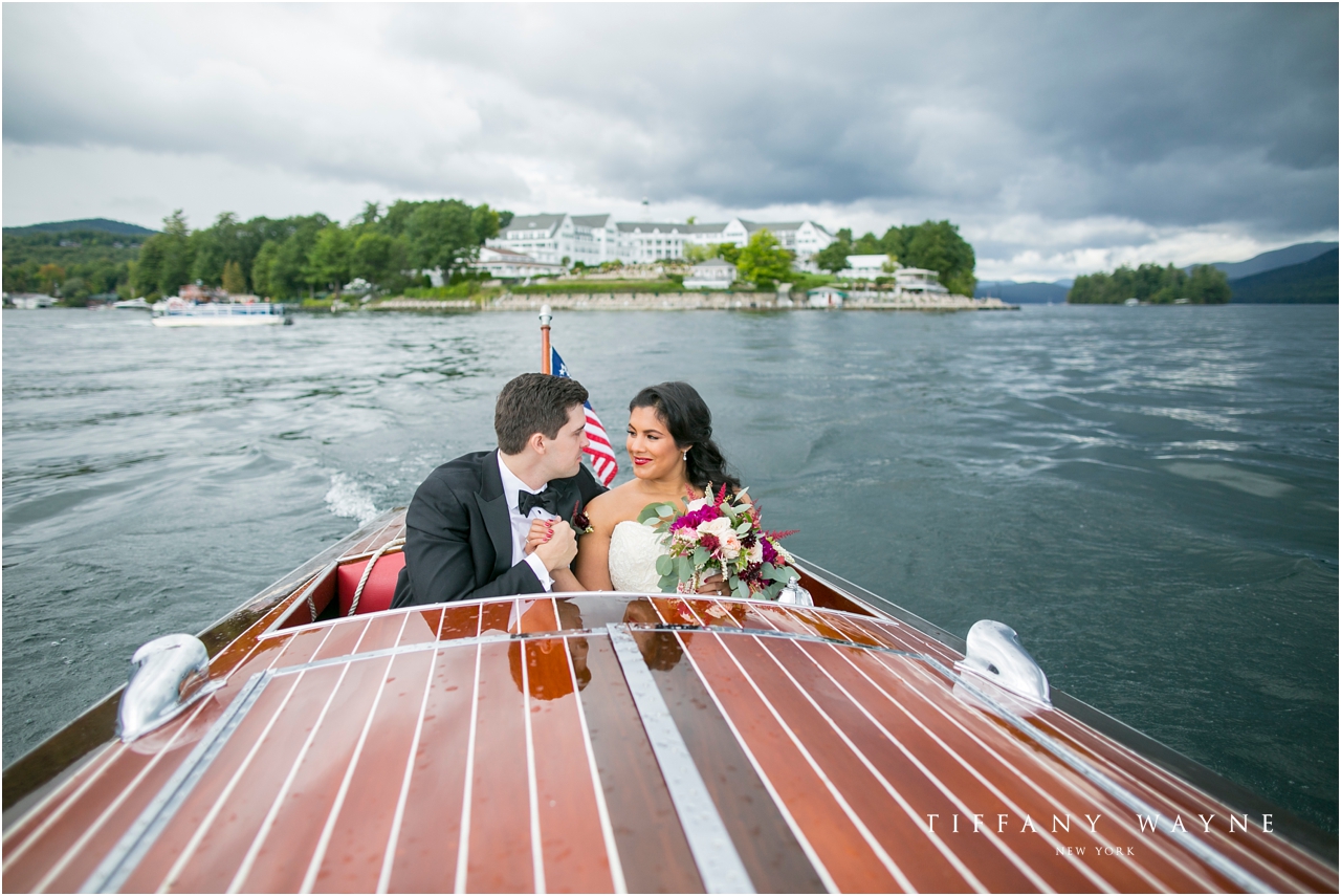 Lake George wedding portrait in boat 