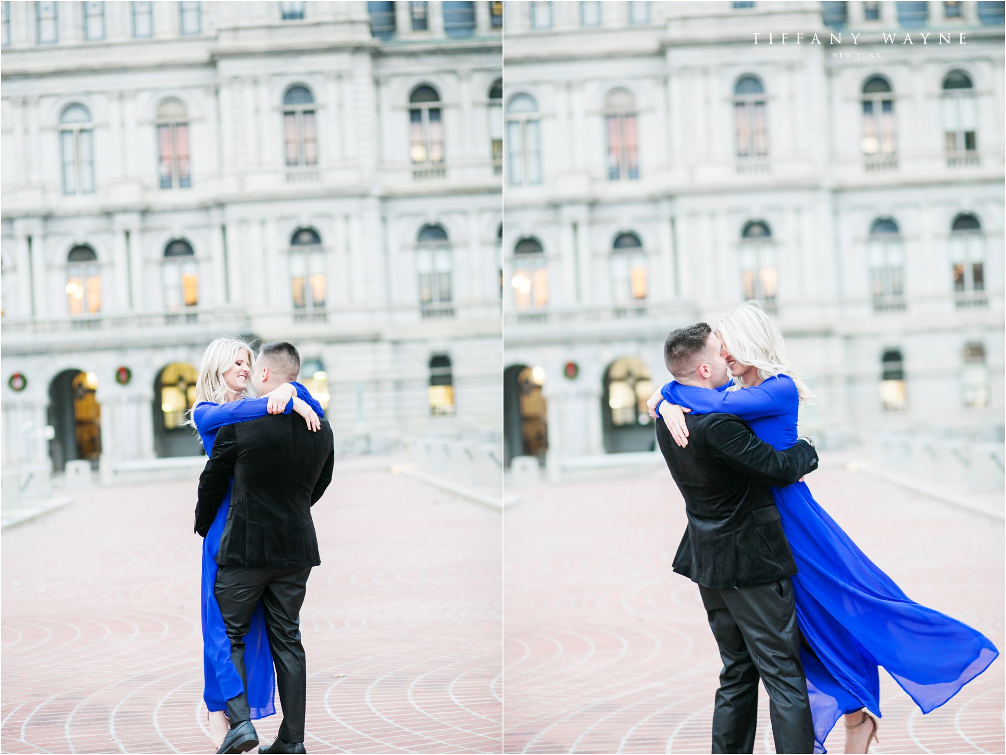 Franklin Plaza engagement session blue dress kisses