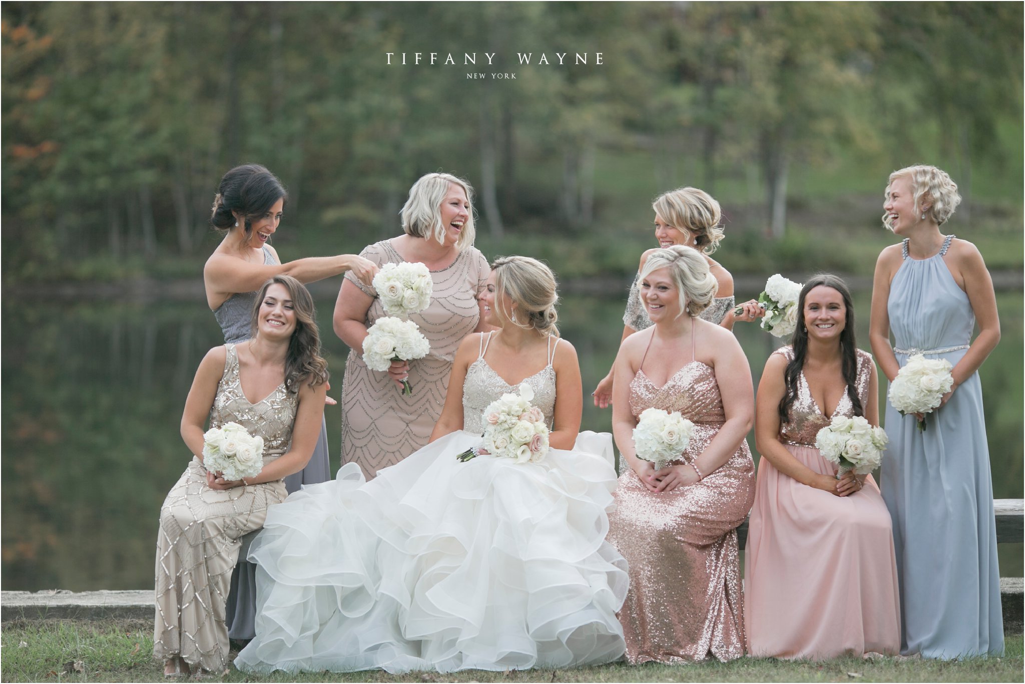 bridesmaids with mismatched dresses at Crooked Lake House