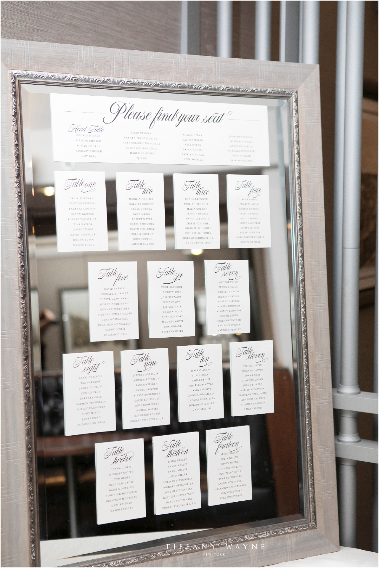 mirror escort card at 60 State Place wedding