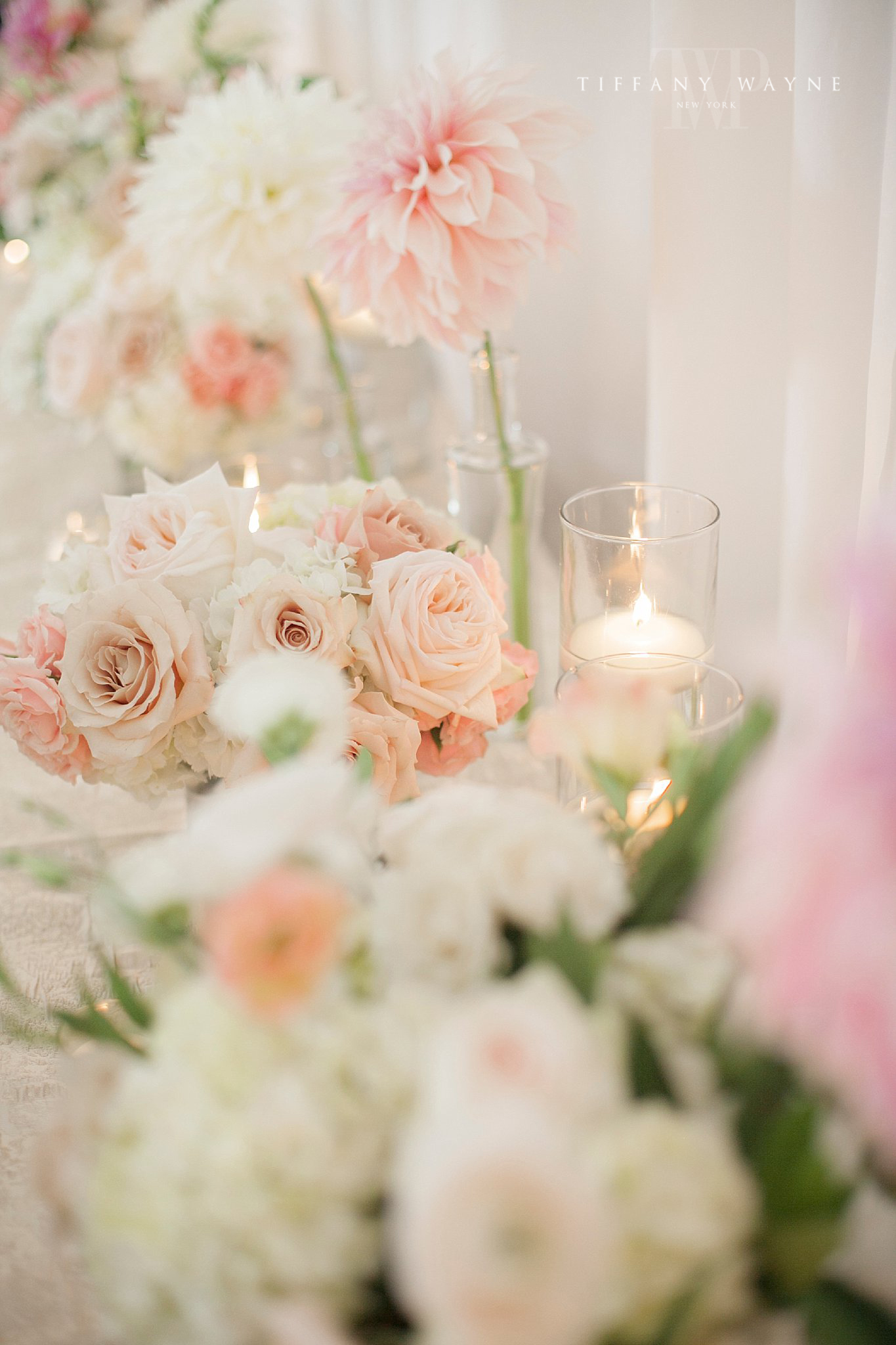 blush pink wedding floral details for ceremony at Renaissance Hotel by Tiffany Wayne Photography