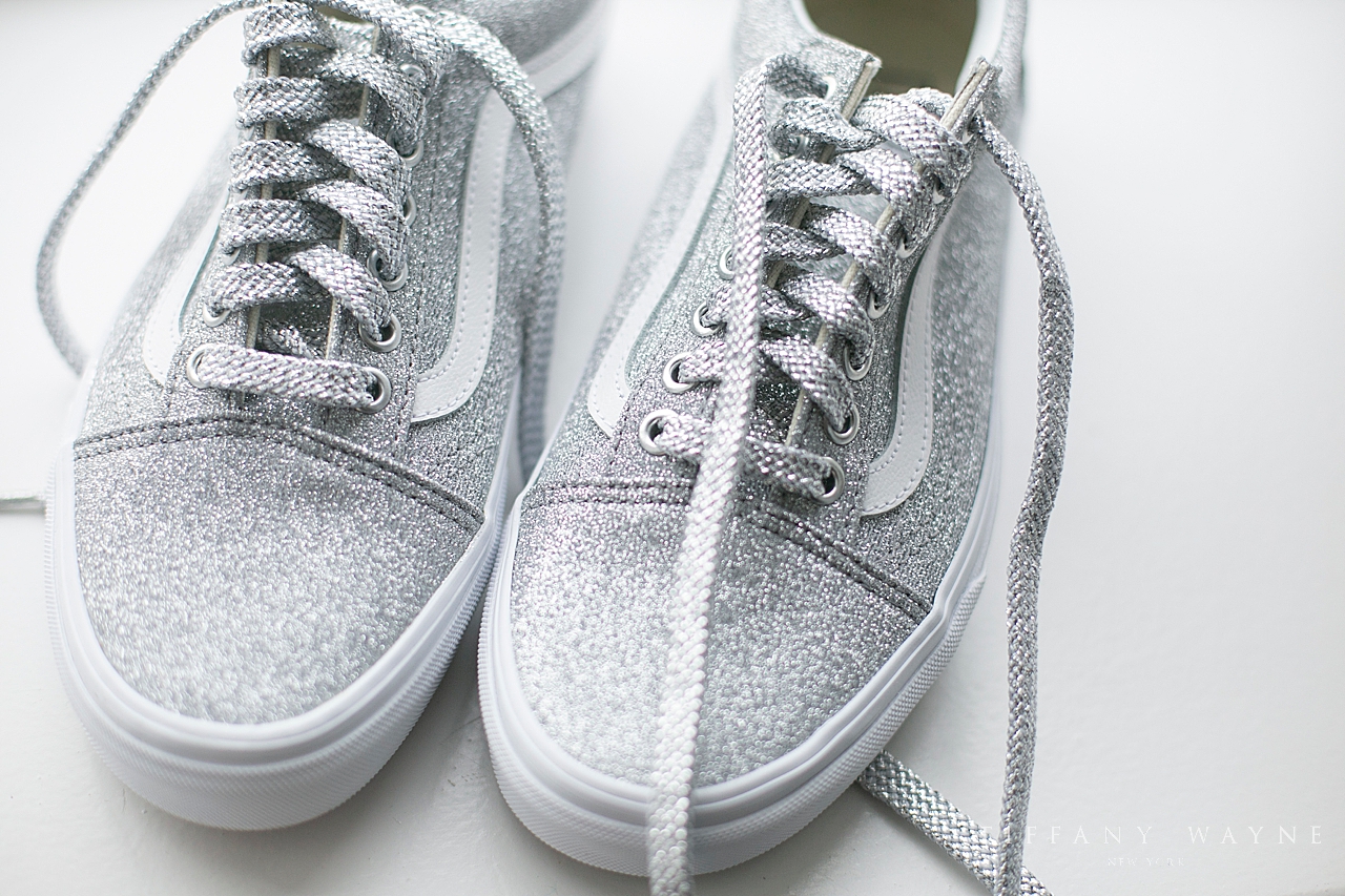 sparkly tennis shoes for the bride photographed by New York wedding photographer Tiffany Wayne