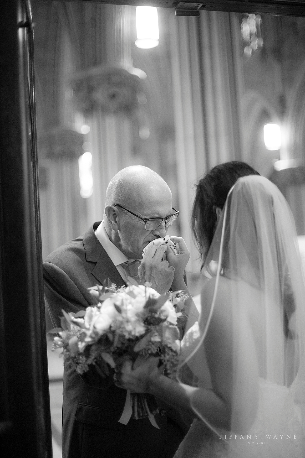 bride and dad during first look at church photographed by wedding photographer Tiffany Wayne