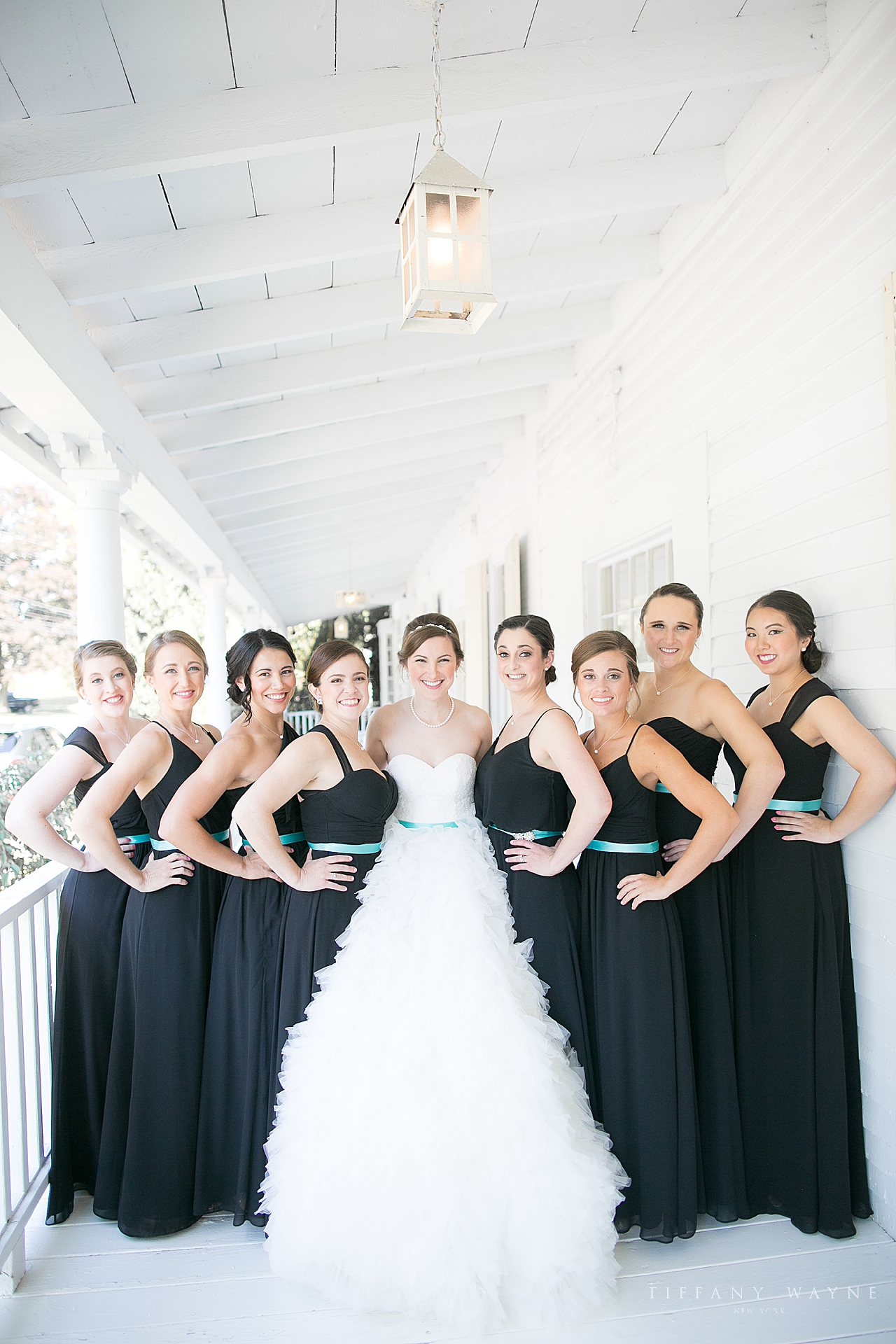 bride with bridesmaids in black gowns photographed by CT wedding photographer Tiffany Wayne Photography