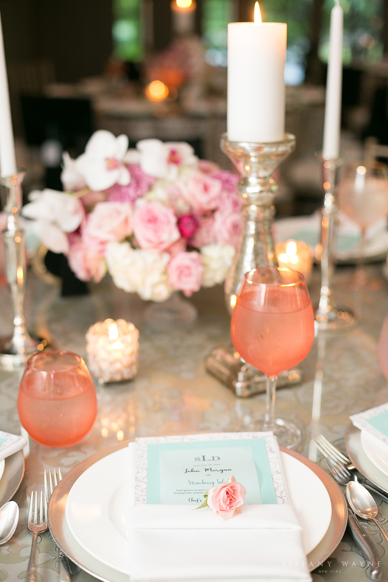 coral and teal reception details photographed by wedding photographer Tiffany Wayne Photography