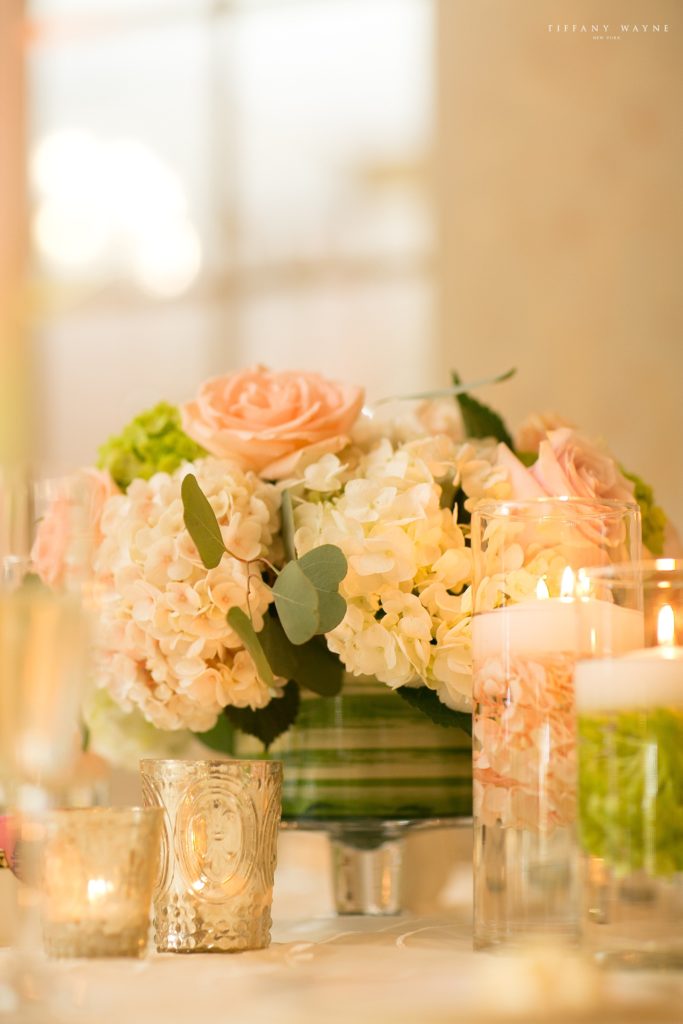 short floral centerpieces at Franklin Plaza photographed by Tiffany Wayne, New York wedding photographer