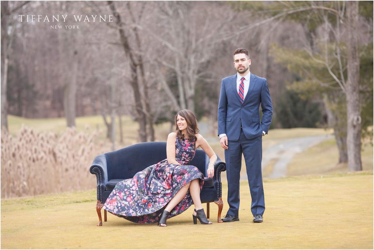 chic engagement session featuring vintage sofa