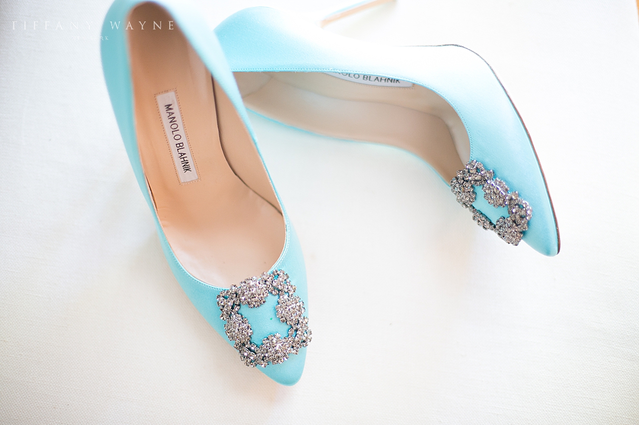 Something blue shoes for bride on wedding day photographed by destination wedding photographer Tiffany Wayne Photography